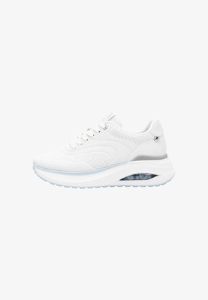 White athletic shoe with perforated upper, rounded toe, and thick cushioned sole. Features transparent heel with a light blue accent.