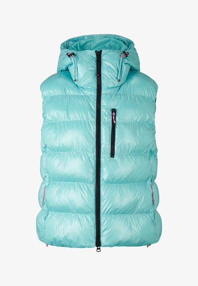 Aqua-blaues gepolstertes Westchen mit Kapuze, schwarzem Reißverschluss und zwei Reißverschlusstaschen. Verfügt über ein horizontales Steppmuster und pinke Akzente.