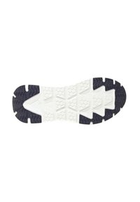 Sole di scarpa da corsa con una base in gomma bianca e motivi di trazione nera e design esagonali per grip e stabilità.