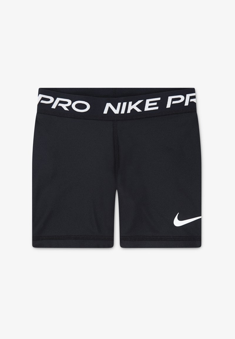 Črne atletske kratke hlače z ravnim pasom, na katerem je v belem napis "NIKE PRO". V spodnjem levem kotu se nahaja majhen beli logo Nike swoosh.