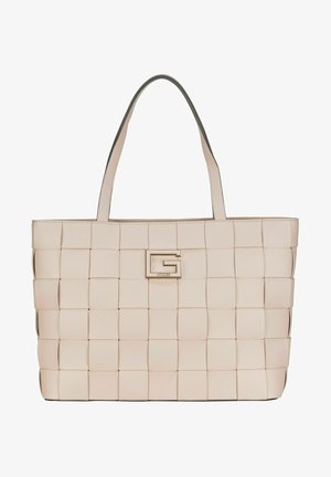 Large tote bag with a woven design in soft beige leather, featuring a gold-tone logo accent. Durable handles for easy carrying.