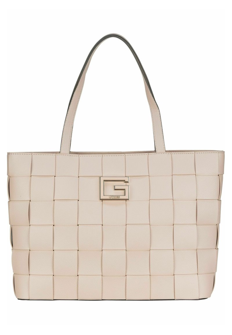 Large tote bag with a woven design in soft beige leather, featuring a gold-tone logo accent. Durable handles for easy carrying.