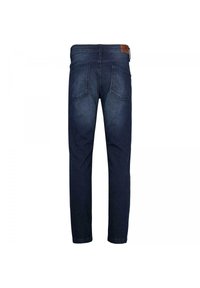 Dark blue denim jeans with a straight fit, featuring back pockets and a leather patch on the waistband. Smooth texture with minimal detailing.