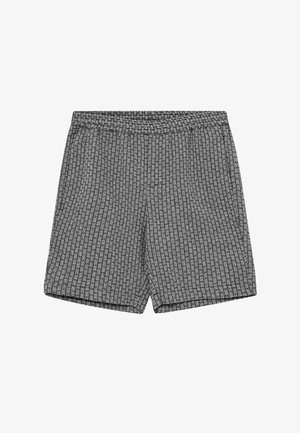 Pánske sivé vzorované šortky s elastickým pásom a bočnými vreckami, zobrazené rozložené na bielom pozadí.