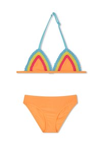 Completo bikini con un top triangolare multicolore con dettagli in crochet e una parte inferiore arancione. Realizzato in tessuto morbido, presenta spalline regolabili.