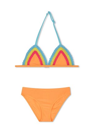 Completo bikini con un top triangolare multicolore con dettagli in crochet e una parte inferiore arancione. Realizzato in tessuto morbido, presenta spalline regolabili.