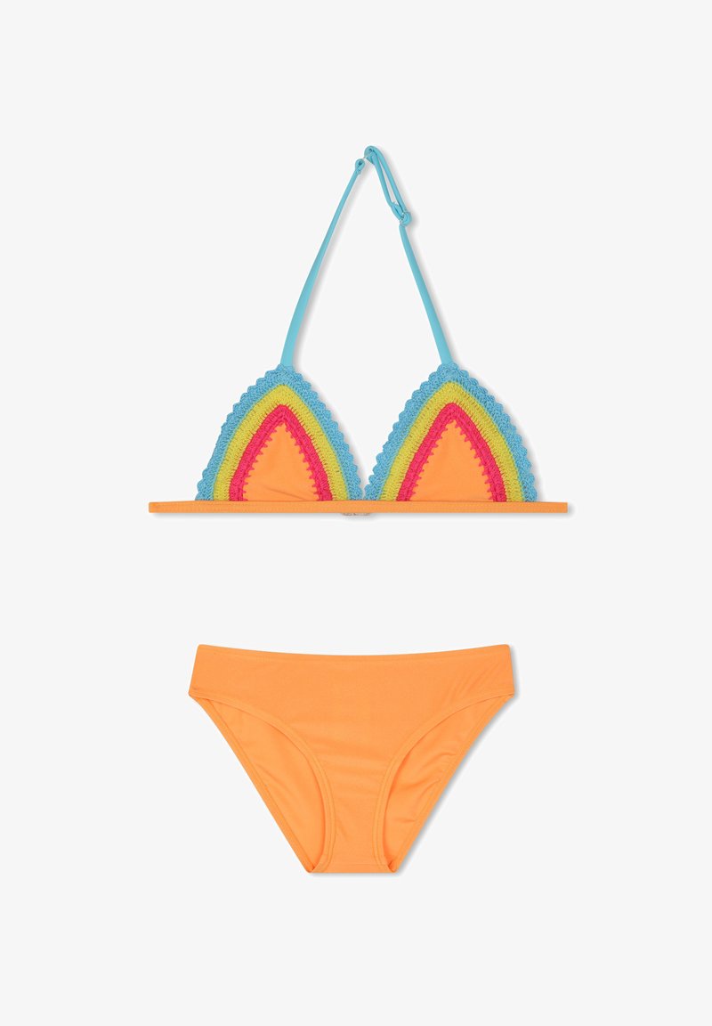 Completo bikini con un top triangolare multicolore con dettagli in crochet e una parte inferiore arancione. Realizzato in tessuto morbido, presenta spalline regolabili.