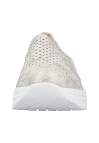 White slip-on shoe with a metallic, textured finish, featuring ventilation holes and a cushioned sole for comfort.