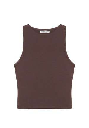 Bezrekawowy, ciemnobrązowy krótki top na ramiączkach z okrągłym dekoltem, wykonany z gładkiej tkaniny, przedstawiony płasko na białym tle.