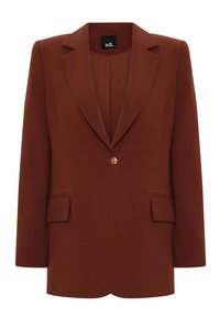 Roodbruin blazer met scherpe revers, enkele gouden knoopsluiting en twee voorzakken. Gemaakt van gestructureerde stof met een gladde textuur.