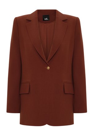 Blazer color ruggine con revers affilati, chiusura a un bottone dorato e due tasche frontali. Realizzato in tessuto strutturato con una superficie liscia.