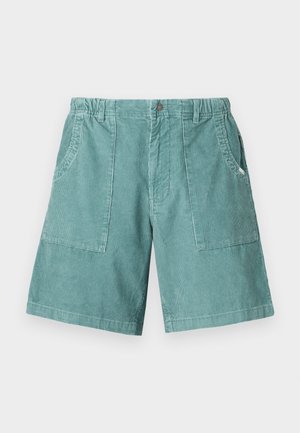 Cotton corduroy shorts in light teal, featuring an elastic waistband, two side pockets, and a knee-length cut. Textured vertical stripes.