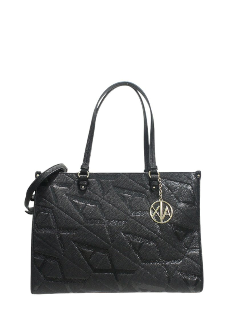 Borsa tote nera con motivo geometrico in rilievo, doppie spalline, tracolla staccabile e dettaglio a charm in tono oro.