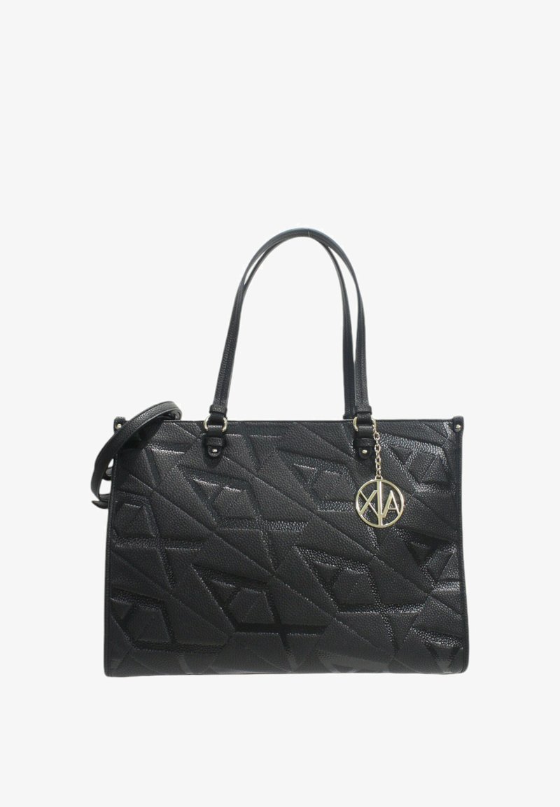 Borsa tote nera con motivo geometrico in rilievo, doppie spalline, tracolla staccabile e dettaglio a charm in tono oro.