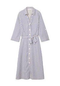 Robe rayée en coton bleu et blanc, avec des manches longues, un devant à boutons, deux poches poitrine et une ceinture à la taille.