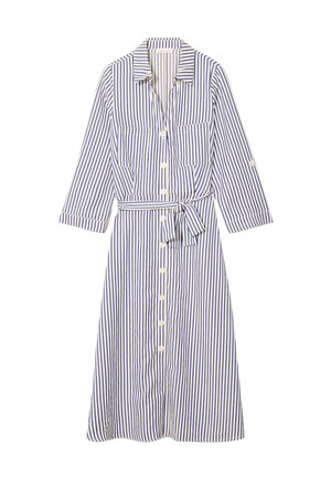 Gestreepte jurk in blauw en witte katoen, met lange mouwen, een knoopsluiting aan de voorkant, twee borstzakken en een tailleband.