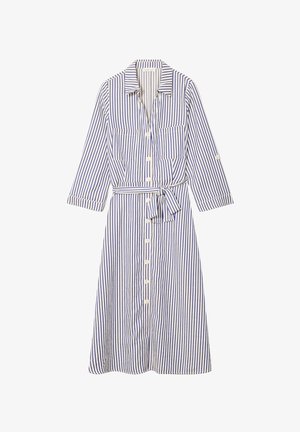 Abito a righe in cotone blu e bianco, caratterizzato da maniche lunghe, chiusura con bottoni frontale, due tasche sul petto e una cintura in vita.