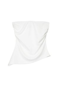 Top bianco senza maniche realizzato in tessuto liscio e drappeggiato. Orlo asimmetrico con una leggera curvatura. Nessun punto di chiusura o motivo visibile.