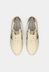 Μπεζ δερμάτινα αθλητικά παπούτσια με λεπτομέρειες σε φίδι τύπου εκτύπωσης και χρυσά διακοσμητικά, με στρογγυλεμένη μύτη και σχεδιασμό με κορδόνια μπροστά.