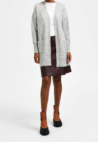 Cardigan lavorato a maglia grigio chiaro, con maniche lunghe e apertura frontale; presenta due tasche frontali. Abbinato a una gonna in pelle bordeaux scuro e stivaletti.