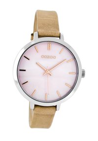 Montre ronde en acier inoxydable rose doré, cadran en nacre rose clair et bracelet en cuir beige. Indicateurs d'heure simples.