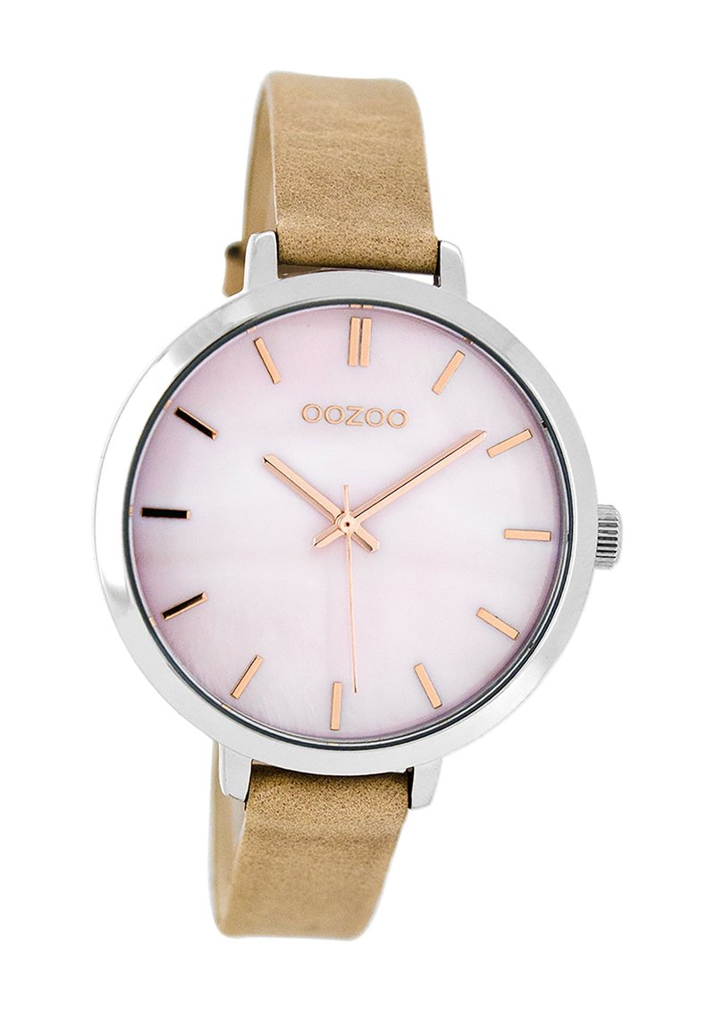 Montre ronde en acier inoxydable rose doré, cadran en nacre rose clair et bracelet en cuir beige. Indicateurs d'heure simples.