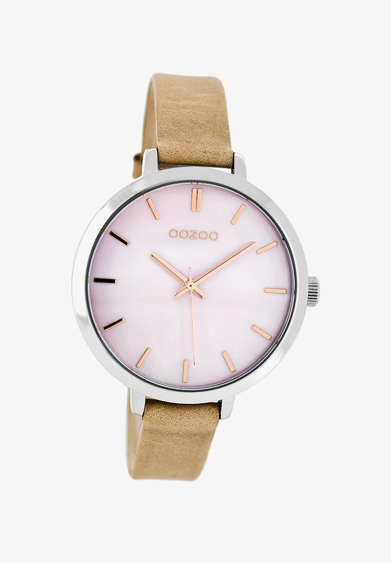 Montre ronde en acier inoxydable rose doré, cadran en nacre rose clair et bracelet en cuir beige. Indicateurs d'heure simples.
