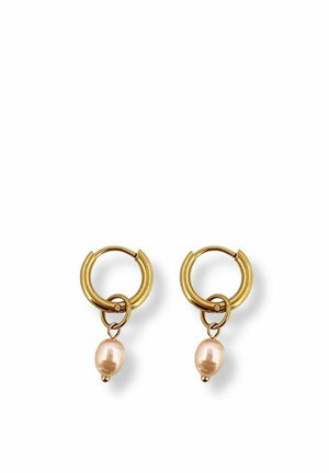 Gold hoop earrings each with a single dangling cream-colored pearl on a white background.