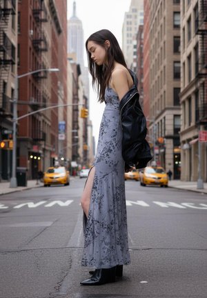 Vzdušné sivé maxišaty s kvetinovým vzorom, bočným rozparkom, v kombinácii s čiernou koženou bundou a čiernymi podpätkovými čižmami. Mesto v pozadí.