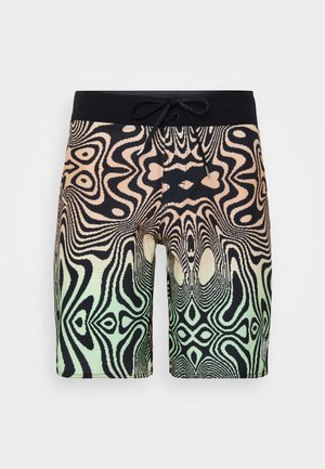 Pantaloni scurți de înot pentru bărbați, cu un model în spirală în culorile negru, piersică și verde. Materialul este ușor și dispune de un talie cu șnur.