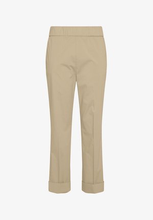 Beige cotton trousers with an elastic waistband, straight-leg design, and rolled cuffs. Smooth texture with no visible patterns or accents.