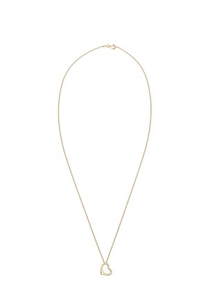Goldfarbene Halskette mit einer dünnen Kette und einem herzförmigen, offenen Anhänger. Schlichte Gestaltung mit glatter Oberfläche und ohne zusätzliche Verzierungen.