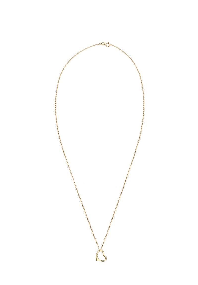 Golddkleurige ketting met een dunne schakel en een hartvormig, open hanger. Eenvoudig ontwerp met een gladde textuur en zonder verdere versieringen.