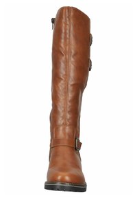 Botte en cuir marron jusqu'au genou avec une texture lisse, featuring deux boucles latérales et une semelle en caoutchouc noir texturé. Fermeture éclair sur le côté.