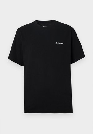 T-shirt en coton noir à manches courtes et col rond, avec un petit logo blanc sur le côté gauche de la poitrine.