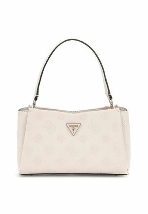 Borsa a tracolla sintetica rosa con motivo embossato, accento del logo triangolare e una breve maniglia nera. Presenta una forma strutturata e chiusura con zip.