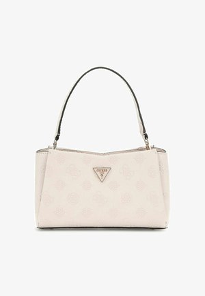 Sac à main synthétique rose avec motif en relief, accent logo triangulaire et une courte poignée noire. Présente une forme structurée et une fermeture éclair.