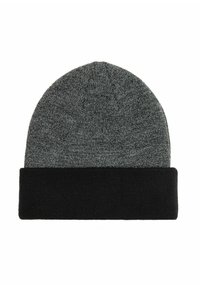 Dziane czapka w kolorze szarym z czarnym złożonym mankietem. Posiada teksturowany wzór materiału, zapewniający ciepło i komfort. Standardowy, zaokrąglony kształt.