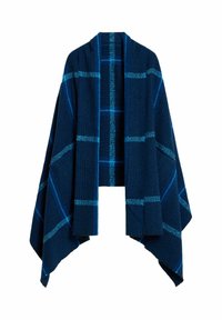 Poncho �à carreaux bleu et marine avec une ouverture à l'avant, un tissu texturé et une forme ample et drapée. Design rectangulaire avec des manches larges.