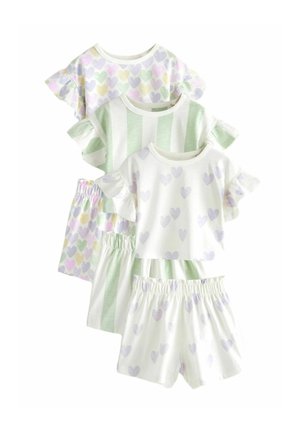 Conjunto de pijama de cuatro piezas para niños que incluye mangas cortas, patrones de corazones en colores pastel y acentos con volantes. Material de algodón suave.