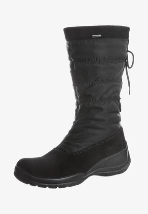 Black mid-calf winter boot with padded upper, lace tie at the back, suede lower part, and textured rubber sole.