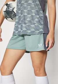 Shorts de sport vert clair avec une texture lisse et un logo blanc, associés à un haut gris à motifs, tenant un ballon de football noir et blanc.
