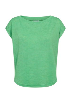 Grünes, kurzes Damen-T-Shirt mit Rundhalsausschnitt und leicht geschwungenem Saum.