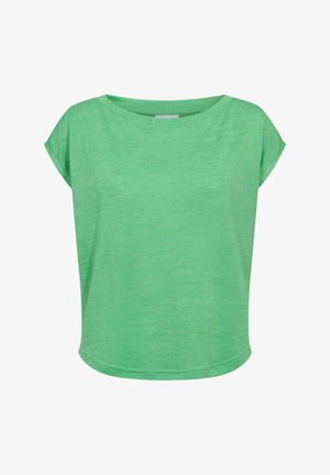 Grünes, kurzes Damen-T-Shirt mit Rundhalsausschnitt und leicht geschwungenem Saum.