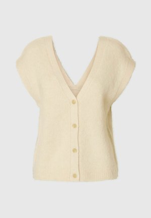 Kreemikas kardigan sügava V-kaelusega, lühikeste varrukatega ja nööbiga ees. Pehme, tekstuuriga kangas, mis on mugava istuvusega.