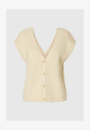 Kreemikas kardigan sügava V-kaelusega, lühikeste varrukatega ja nööbiga ees. Pehme, tekstuuriga kangas, mis on mugava istuvusega.