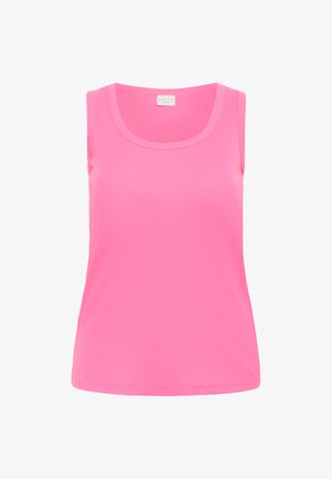 Roze mouwloos tanktop met een ronde halslijn, gemaakt van rekbare stof. Gladde textuur met een rechte zoomlijn. Merklabel aan de binnenkant van de hals.