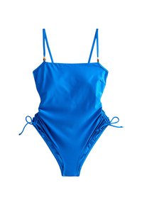 Klart blå baddräkt i ett stycke med justerbara spaghettistänger, rynkdetaljer på sidorna och ett mjukt, stretchigt tyg.