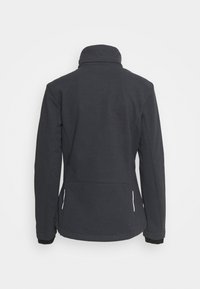 Mørkegrå zip-up jakke med en tekstureret, mønstrede overflade, høj krave og sorte manchetter. Med hvid accent-syning og sidelommer.