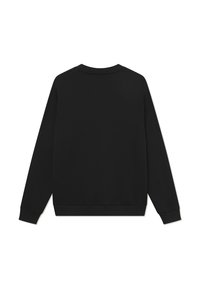 Sweatshirt negru cu mâneci lungi, manșete strâmte și guler circular. Textură netedă și design minimalist, fără logo-uri sau modele vizibile.